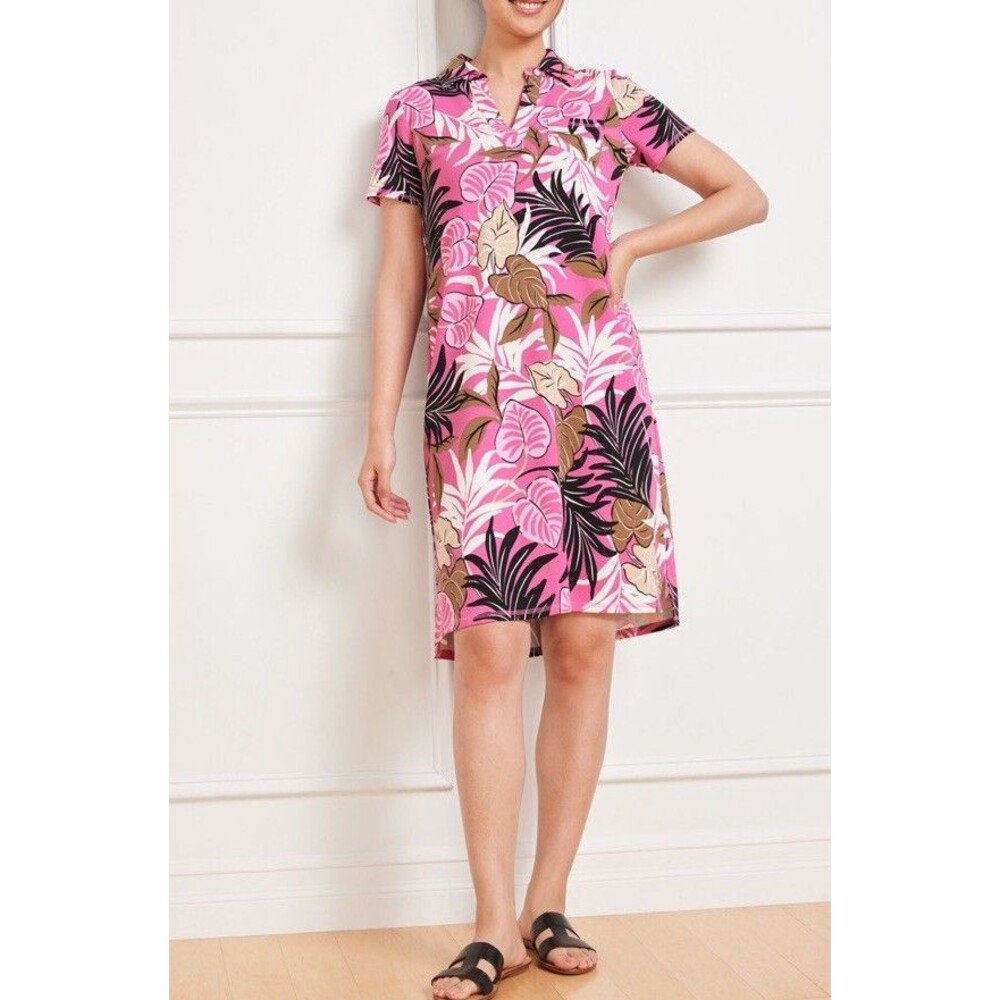 Talbots Breezy Palm Short Sleeve Polo Dress Tropical Pink Sz Petite Small Travel